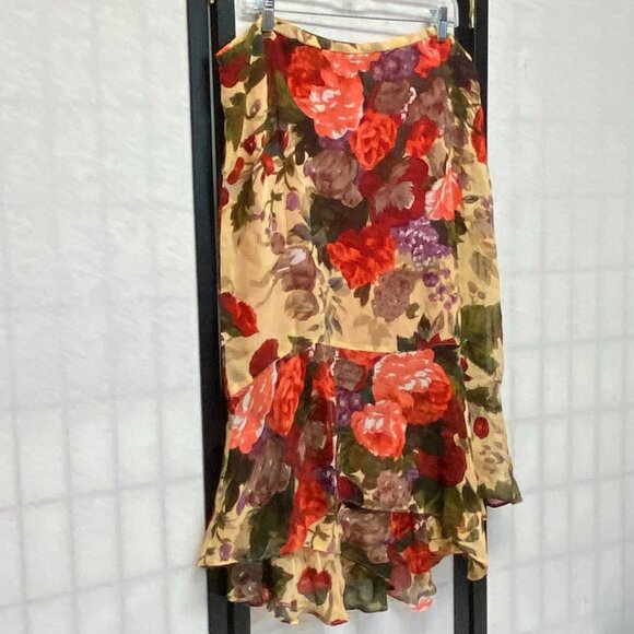 Chicos Design Sheer Lined Flamenco Ruffled Hi Low Asymmetrical Maxi Skirt Floral - Picture 4 of 13